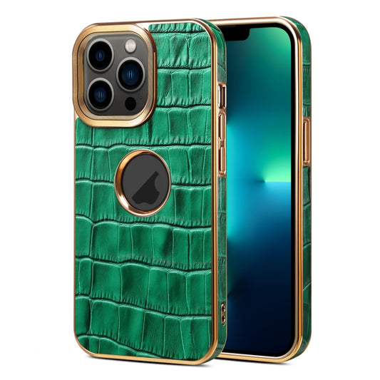 For iPhone 13 Pro Max Denior Crocodile Texture Genuine Leather Electroplating Phone Case(Green) - iPhone 13 Pro Max Cases by Denior | Online Shopping UK | buy2fix