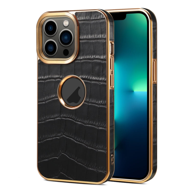 For iPhone 13 Pro Max Denior Crocodile Texture Genuine Leather Electroplating Phone Case(Black) - iPhone 13 Pro Max Cases by Denior | Online Shopping UK | buy2fix