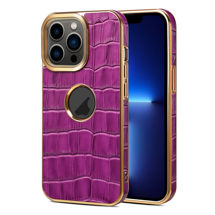 For iPhone 13 Pro Denior Crocodile Texture Genuine Leather Electroplating Phone Case(Purple) - iPhone 13 Pro Cases by Denior | Online Shopping UK | buy2fix