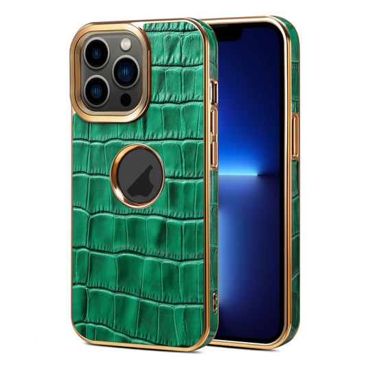 For iPhone 13 Pro Denior Crocodile Texture Genuine Leather Electroplating Phone Case(Green) - iPhone 13 Pro Cases by Denior | Online Shopping UK | buy2fix