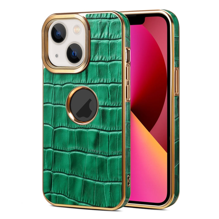 For iPhone 13 Denior Crocodile Texture Genuine Leather Electroplating Phone Case(Green) - iPhone 13 Cases by Denior | Online Shopping UK | buy2fix
