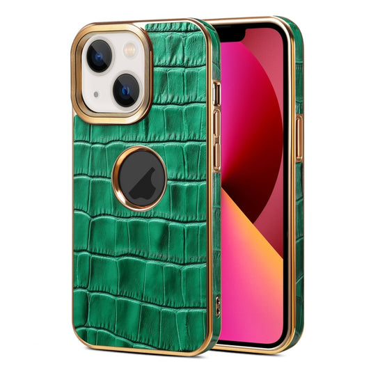 For iPhone 13 Denior Crocodile Texture Genuine Leather Electroplating Phone Case(Green) - iPhone 13 Cases by Denior | Online Shopping UK | buy2fix