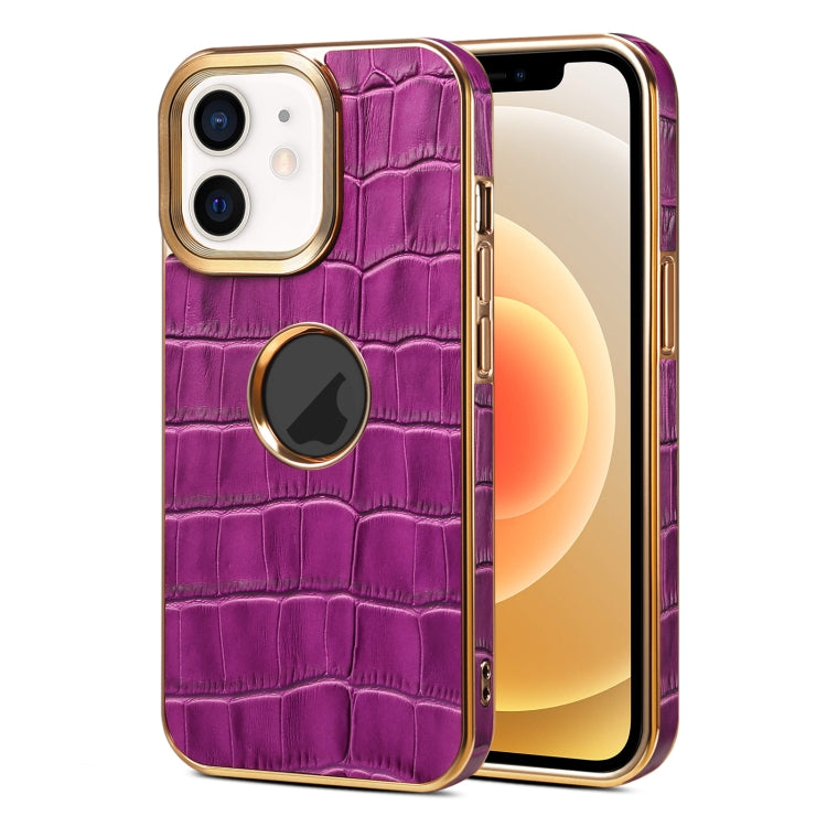 For iPhone 12 / 12 Pro Denior Crocodile Texture Genuine Leather Electroplating Phone Case(Purple) - iPhone 12 / 12 Pro Cases by Denior | Online Shopping UK | buy2fix