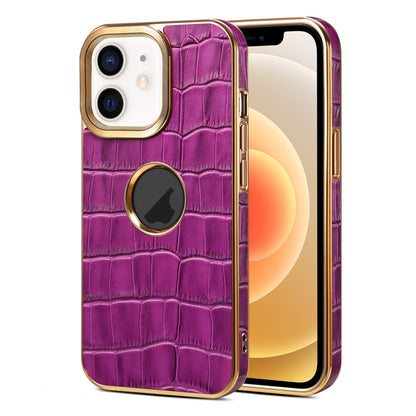 For iPhone 12 / 12 Pro Denior Crocodile Texture Genuine Leather Electroplating Phone Case(Purple) - iPhone 12 / 12 Pro Cases by Denior | Online Shopping UK | buy2fix