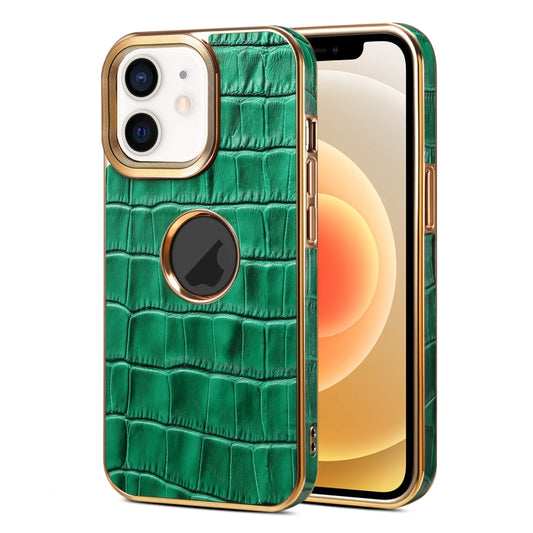 For iPhone 12 / 12 Pro Denior Crocodile Texture Genuine Leather Electroplating Phone Case(Green) - iPhone 12 / 12 Pro Cases by Denior | Online Shopping UK | buy2fix