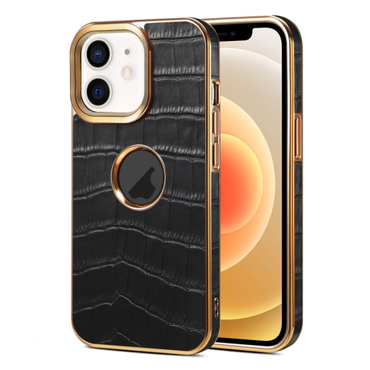 For iPhone 12 / 12 Pro Denior Crocodile Texture Genuine Leather Electroplating Phone Case(Black) - iPhone 12 / 12 Pro Cases by Denior | Online Shopping UK | buy2fix