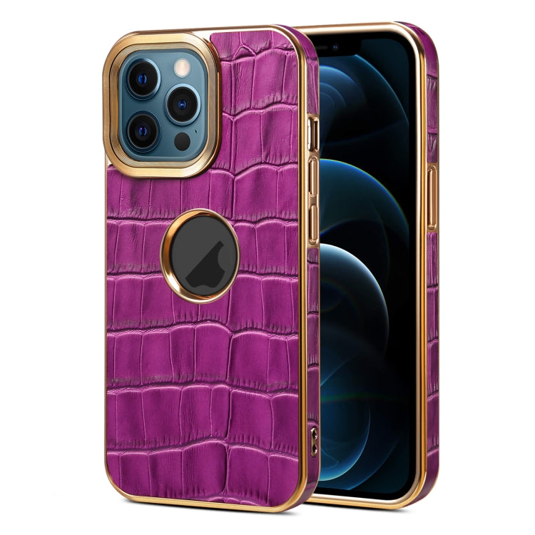 For iPhone 12 Pro Max Denior Crocodile Texture Genuine Leather Electroplating Phone Case(Purple) - iPhone 12 Pro Max Cases by Denior | Online Shopping UK | buy2fix