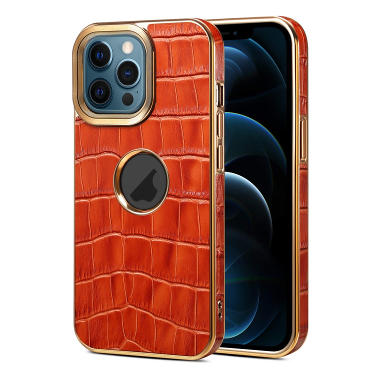 For iPhone 12 Pro Max Denior Crocodile Texture Genuine Leather Electroplating Phone Case(Mocha Brown) - iPhone 12 Pro Max Cases by Denior | Online Shopping UK | buy2fix