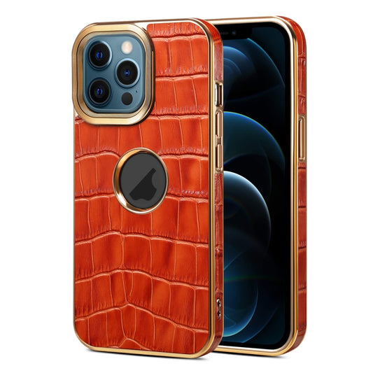For iPhone 12 Pro Max Denior Crocodile Texture Genuine Leather Electroplating Phone Case(Mocha Brown) - iPhone 12 Pro Max Cases by Denior | Online Shopping UK | buy2fix