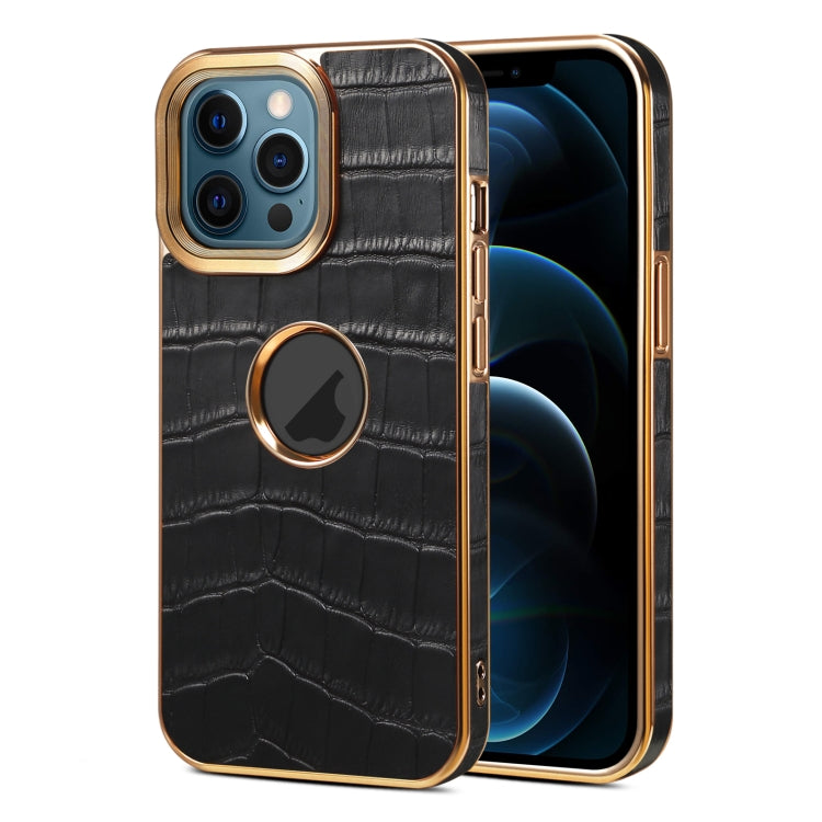 For iPhone 12 Pro Max Denior Crocodile Texture Genuine Leather Electroplating Phone Case(Black) - iPhone 12 Pro Max Cases by Denior | Online Shopping UK | buy2fix
