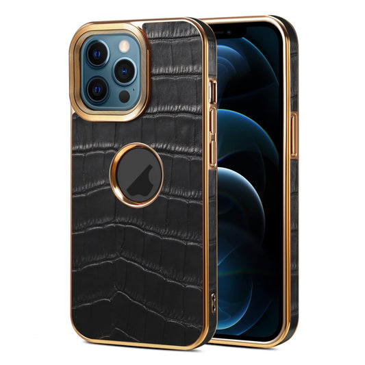 For iPhone 12 Pro Max Denior Crocodile Texture Genuine Leather Electroplating Phone Case(Black) - iPhone 12 Pro Max Cases by Denior | Online Shopping UK | buy2fix