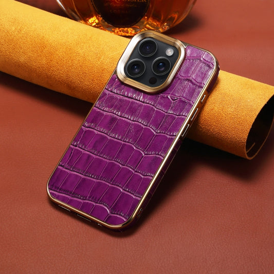 For iPhone 16 Pro Denior Crocodile Texture Genuine Leather Electroplating Phone Case(Purple) by Denior