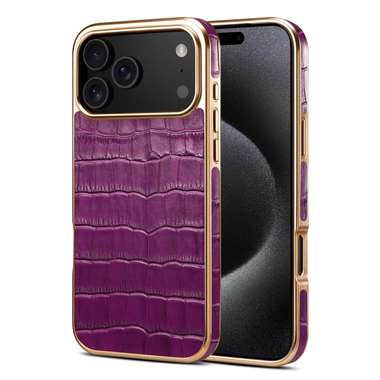 For iPhone 17 Pro Denior Crocodile Texture Genuine Leather Electroplating Phone Case(Purple) - iPhone 17 Pro Cases by Denior | Online Shopping UK | buy2fix
