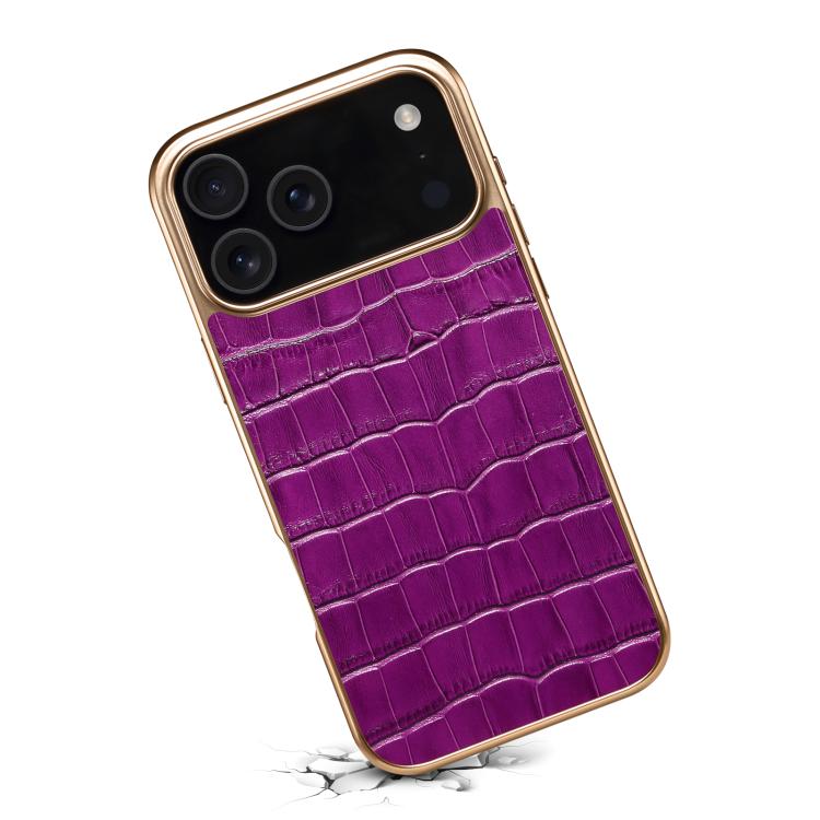 For iPhone 17 Pro Denior Crocodile Texture Genuine Leather Electroplating Phone Case(Purple) - iPhone 17 Pro Cases by Denior | Online Shopping UK | buy2fix