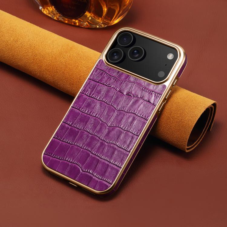 For iPhone 17 Pro Denior Crocodile Texture Genuine Leather Electroplating Phone Case(Purple) - iPhone 17 Pro Cases by Denior | Online Shopping UK | buy2fix