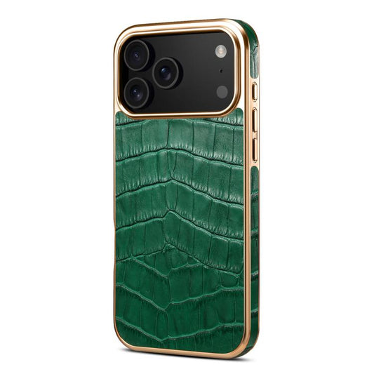For iPhone 17 Pro Denior Crocodile Texture Genuine Leather Electroplating Phone Case(Green) - iPhone 17 Pro Cases by Denior | Online Shopping UK | buy2fix