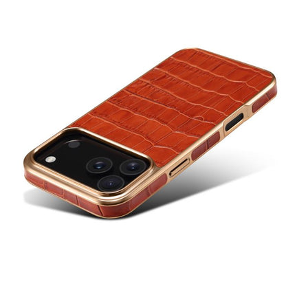 For iPhone 17 Pro Denior Crocodile Texture Genuine Leather Electroplating Phone Case(Mocha Brown) - iPhone 17 Pro Cases by Denior | Online Shopping UK | buy2fix