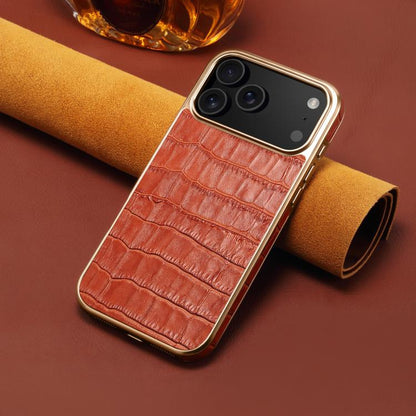 For iPhone 17 Pro Denior Crocodile Texture Genuine Leather Electroplating Phone Case(Mocha Brown) - iPhone 17 Pro Cases by Denior | Online Shopping UK | buy2fix