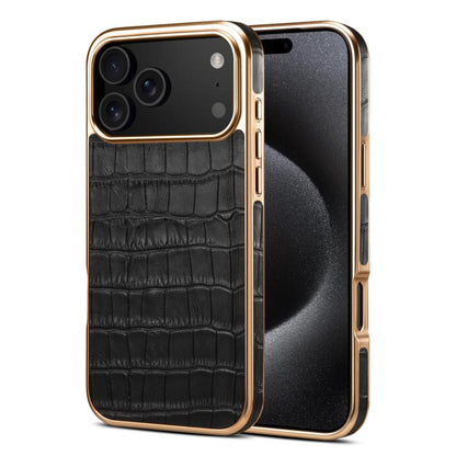 For iPhone 17 Pro Denior Crocodile Texture Genuine Leather Electroplating Phone Case(Black) - iPhone 17 Pro Cases by Denior | Online Shopping UK | buy2fix