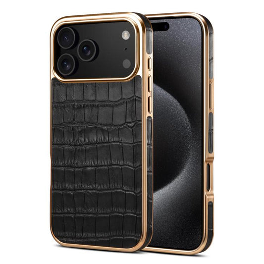 For iPhone 17 Pro Denior Crocodile Texture Genuine Leather Electroplating Phone Case(Black) - iPhone 17 Pro Cases by Denior | Online Shopping UK | buy2fix