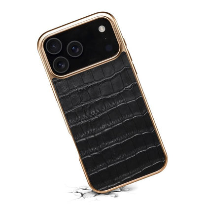 For iPhone 17 Pro Denior Crocodile Texture Genuine Leather Electroplating Phone Case(Black) - iPhone 17 Pro Cases by Denior | Online Shopping UK | buy2fix