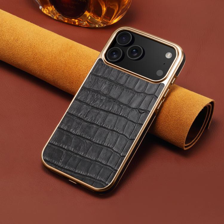 For iPhone 17 Pro Denior Crocodile Texture Genuine Leather Electroplating Phone Case(Black) - iPhone 17 Pro Cases by Denior | Online Shopping UK | buy2fix