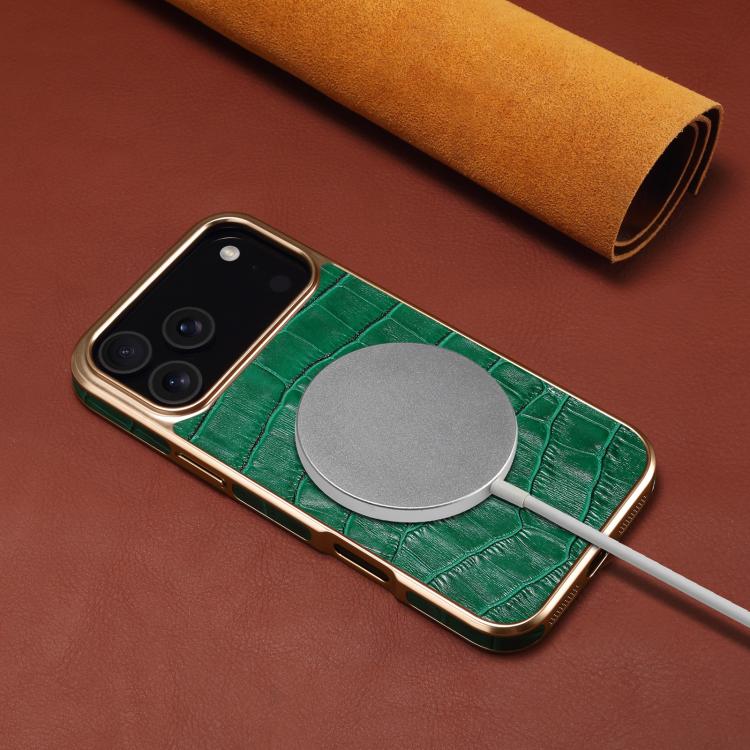 For iPhone 17 Pro Max Denior Crocodile Texture Genuine Leather Electroplating Phone Case(Green) - iPhone 17 Pro Max Cases by Denior | Online Shopping UK | buy2fix