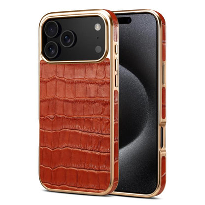 For iPhone 17 Pro Max Denior Crocodile Texture Genuine Leather Electroplating Phone Case(Mocha Brown) - iPhone 17 Pro Max Cases by Denior | Online Shopping UK | buy2fix