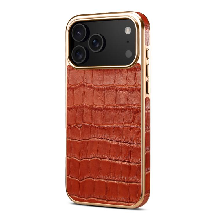 For iPhone 17 Pro Max Denior Crocodile Texture Genuine Leather Electroplating Phone Case(Mocha Brown) - iPhone 17 Pro Max Cases by Denior | Online Shopping UK | buy2fix