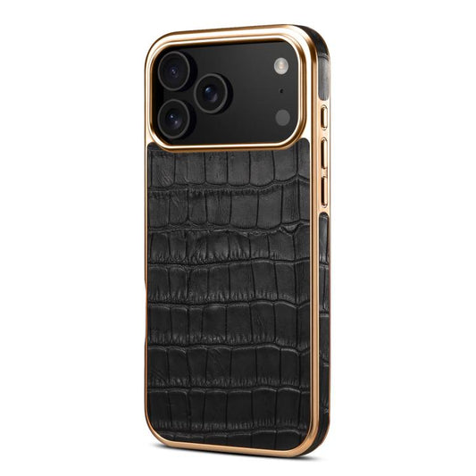 For iPhone 17 Pro Max Denior Crocodile Texture Genuine Leather Electroplating Phone Case(Black) - iPhone 17 Pro Max Cases by Denior | Online Shopping UK | buy2fix