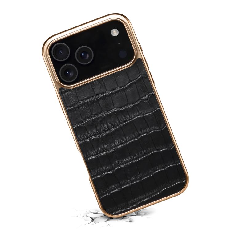 For iPhone 17 Pro Max Denior Crocodile Texture Genuine Leather Electroplating Phone Case(Black) - iPhone 17 Pro Max Cases by Denior | Online Shopping UK | buy2fix