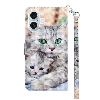 For iPhone 16 3D Painted Leather Phone Case(Two Loving Cats) - iPhone 16 Cases by buy2fix | Online Shopping UK | buy2fix