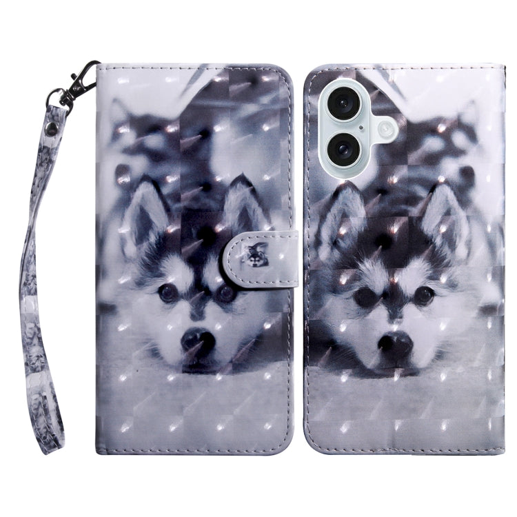 For iPhone 16 3D Painted Leather Phone Case(Husky) - iPhone 16 Cases by buy2fix | Online Shopping UK | buy2fix