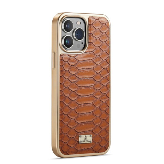 For iPhone 14 Fierre Shann Python Texture Electroplating PU Phone Case(Brown) - iPhone 14 Cases by FIERRE SHANN | Online Shopping UK | buy2fix
