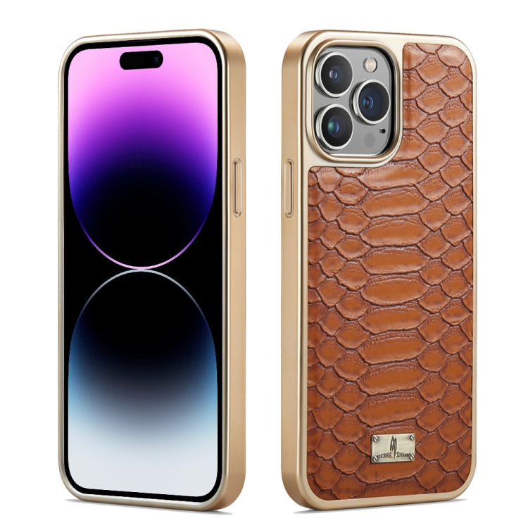 For iPhone 14 Pro Fierre Shann Python Texture Electroplating PU Phone Case(Brown) - iPhone 14 Pro Cases by FIERRE SHANN | Online Shopping UK | buy2fix