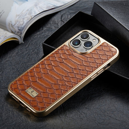 For iPhone 14 Pro Max Fierre Shann Python Texture Electroplating PU Phone Case(Brown) - iPhone 14 Pro Max Cases by FIERRE SHANN | Online Shopping UK | buy2fix