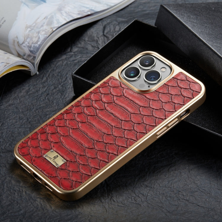 For iPhone 14 Pro Max Fierre Shann Python Texture Electroplating PU Phone Case(Red) - iPhone 14 Pro Max Cases by FIERRE SHANN | Online Shopping UK | buy2fix
