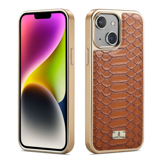 For iPhone 15 Plus Fierre Shann Python Texture Electroplating PU Phone Case(Brown) - iPhone 15 Plus Cases by FIERRE SHANN | Online Shopping UK | buy2fix