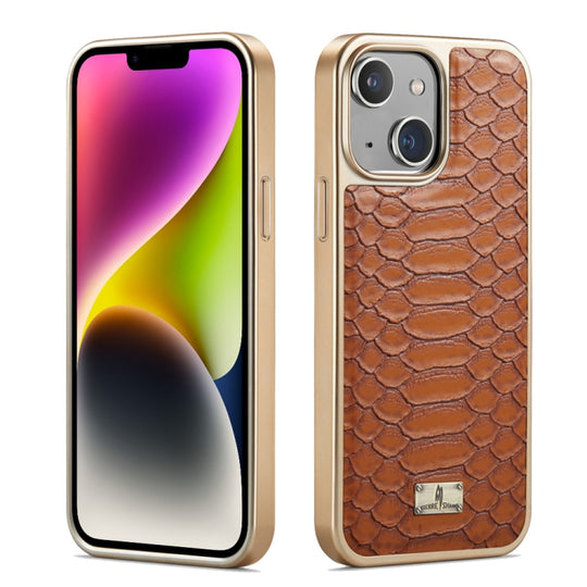For iPhone 15 Plus Fierre Shann Python Texture Electroplating PU Phone Case(Brown)