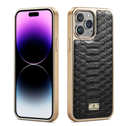 For iPhone 15 Pro Fierre Shann Python Texture Electroplating PU Phone Case(Black) - iPhone 15 Pro Cases by FIERRE SHANN | Online Shopping UK | buy2fix