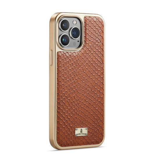 For iPhone 15 Pro Max Fierre Shann Snake Texture Electroplating PU Phone Case(Brown) by FIERRE SHANN