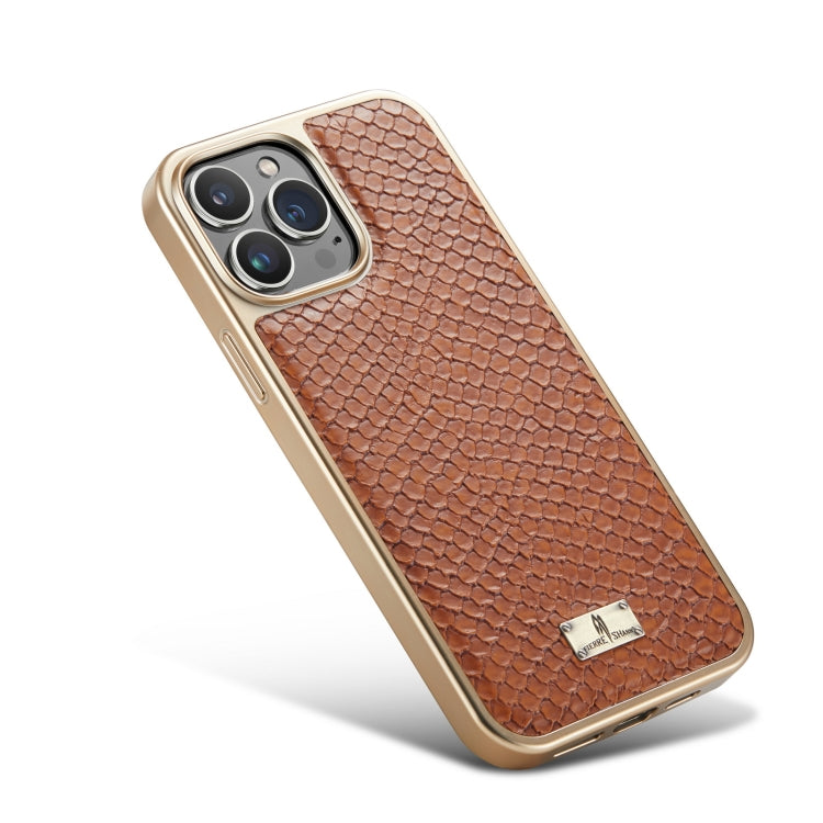 For iPhone 14 Plus Fierre Shann Snake Texture Electroplating PU Phone Case(Brown) - iPhone 14 Plus Cases by FIERRE SHANN | Online Shopping UK | buy2fix