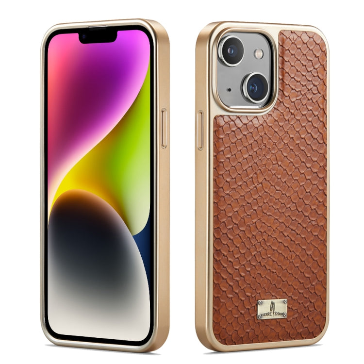For iPhone 14 Fierre Shann Snake Texture Electroplating PU Phone Case(Brown) - iPhone 14 Cases by FIERRE SHANN | Online Shopping UK | buy2fix