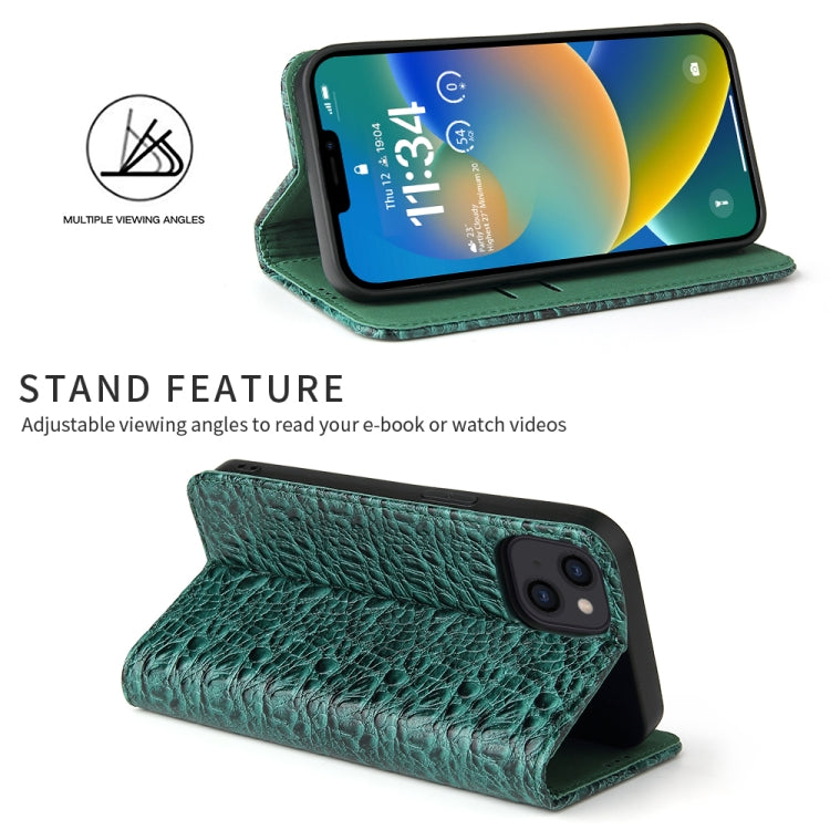 For iPhone 15 Plus Fierre Shann Crocodile Texture Magnetic Genuine Leather Phone Case(Green) - iPhone 15 Plus Cases by FIERRE SHANN | Online Shopping UK | buy2fix