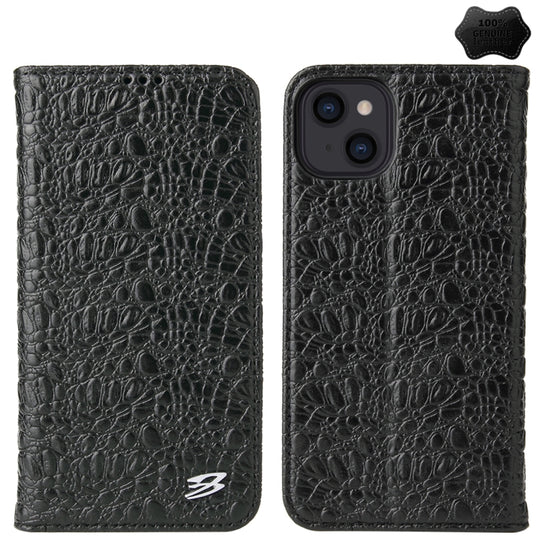 For iPhone 15 Fierre Shann Crocodile Texture Magnetic Genuine Leather Phone Case(Black)