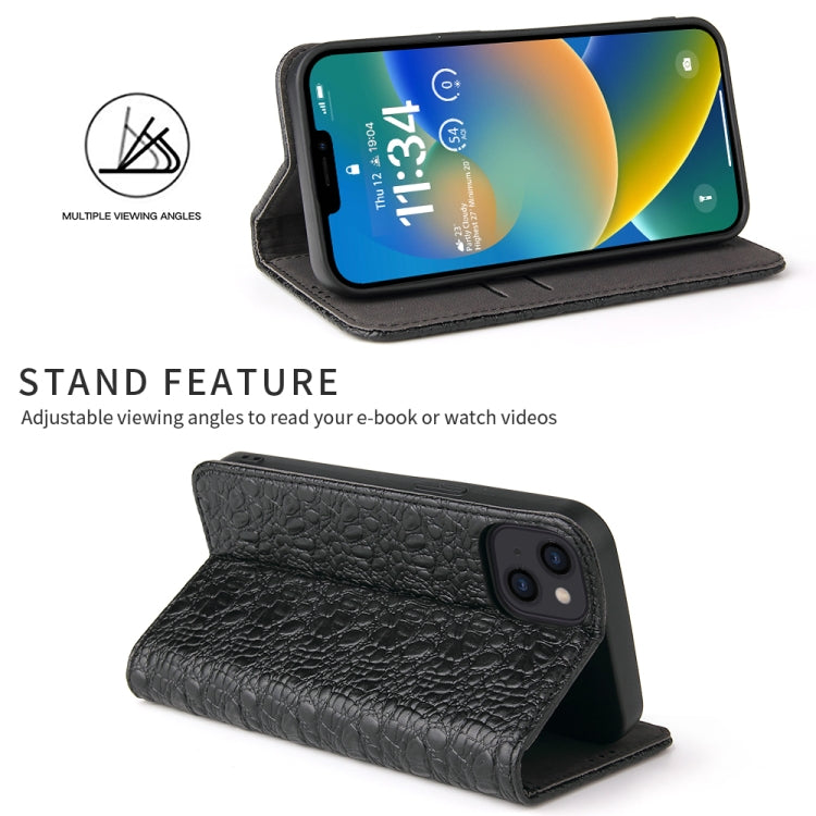 For iPhone 14 Fierre Shann Crocodile Texture Magnetic Genuine Leather Phone Case(Black) - iPhone 14 Cases by FIERRE SHANN | Online Shopping UK | buy2fix
