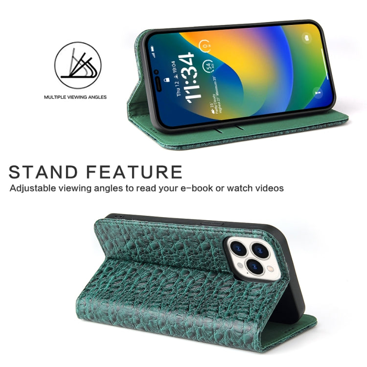 For iPhone 14 Pro Max Fierre Shann Crocodile Texture Magnetic Genuine Leather Phone Case(Green) - iPhone 14 Pro Max Cases by FIERRE SHANN | Online Shopping UK | buy2fix