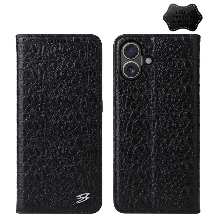 For iPhone 16 Plus Fierre Shann Crocodile Texture Magnetic Genuine Leather Phone Case(Black) by FIERRE SHANN