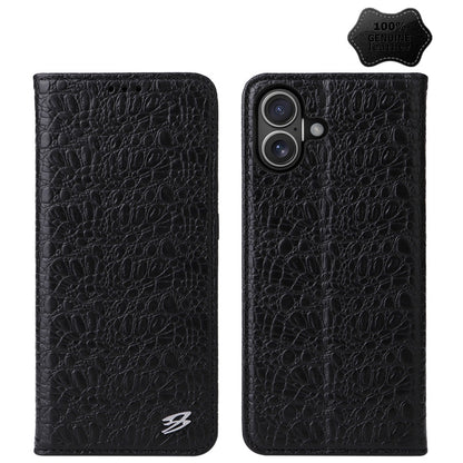 For iPhone 16 Plus Fierre Shann Crocodile Texture Magnetic Genuine Leather Phone Case(Black) by FIERRE SHANN