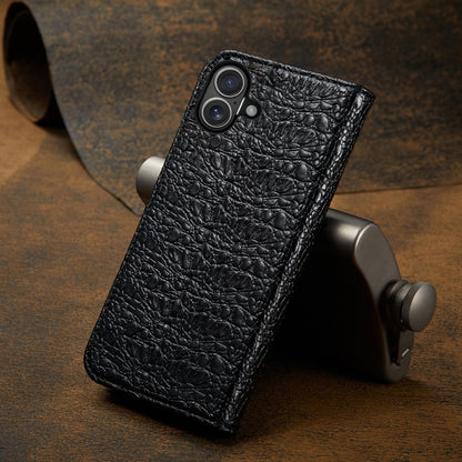 For iPhone 16 Plus Fierre Shann Crocodile Texture Magnetic Genuine Leather Phone Case(Black) by FIERRE SHANN